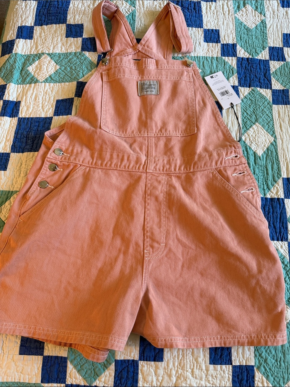 RVCA Peach-Orange Short Denim Overalls